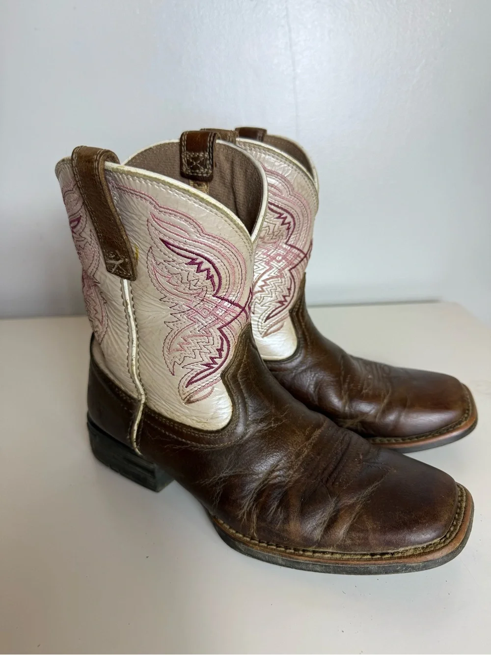 Ariat Kids Fatbaby Brown Leather Western Cowboy Boots Square Toe Cream Shaft
